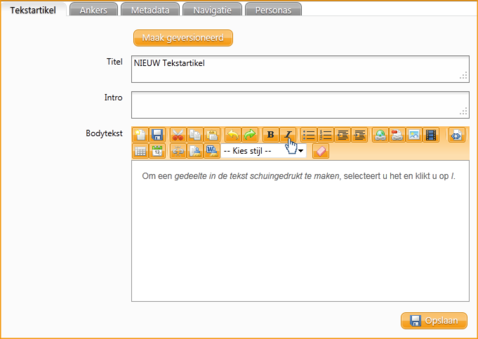 Screenshot InScreen Editor Waxtrapp Tekst schuingedrukt maken