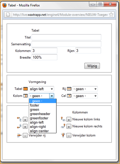 Screenshot InScreen Editor Waxtrapp vormgeving kolom