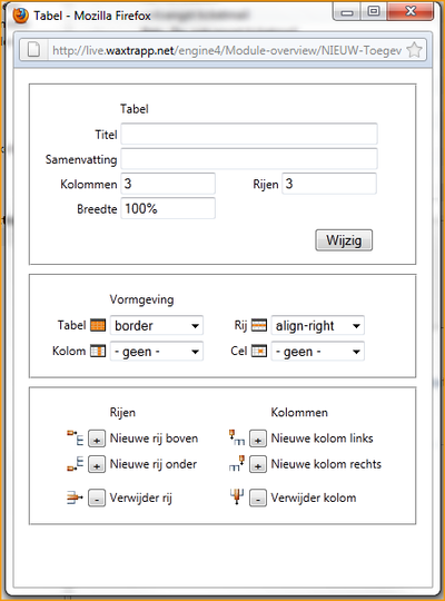 Screenshot InScreen Editor Waxtrapp tabel bewerken
