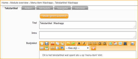 Screenshot InScreen Editor Waxtrapp menu-items bewerken