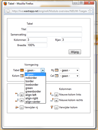 Screenshot InScreen Editor Waxtrapp tabel vormgeving