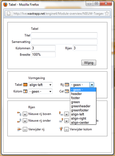 Screenshot InScreen Editor Waxtrapp vormgeving rij