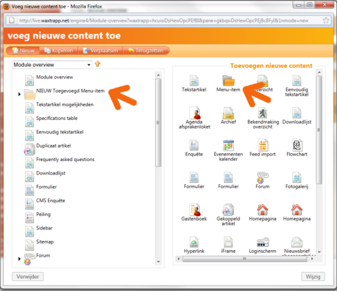 Screenshot content editor nieuw menu-item toevoegen waxtrapp